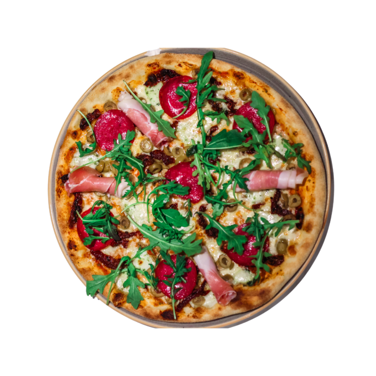 Pizza med mozzarella, grönsaker och ruccola