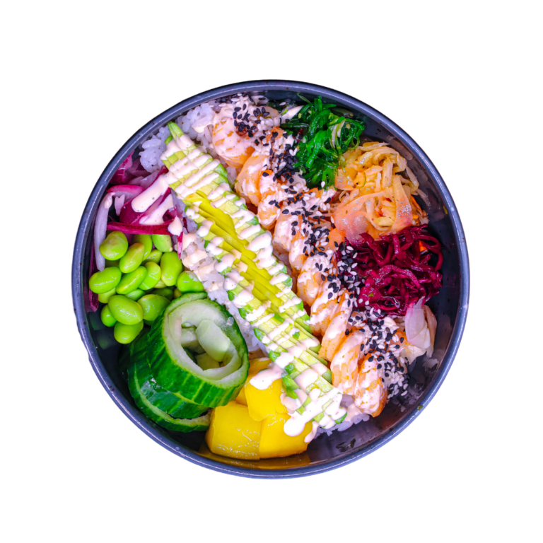 Poké bowl med lax, avokado och mango
